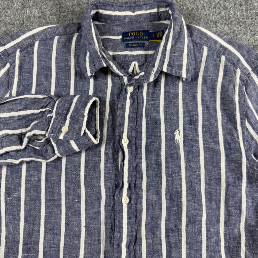 Polo Ralph Lauren Button Down Mens Small Blue White Striped Relaxed Linen Shirt